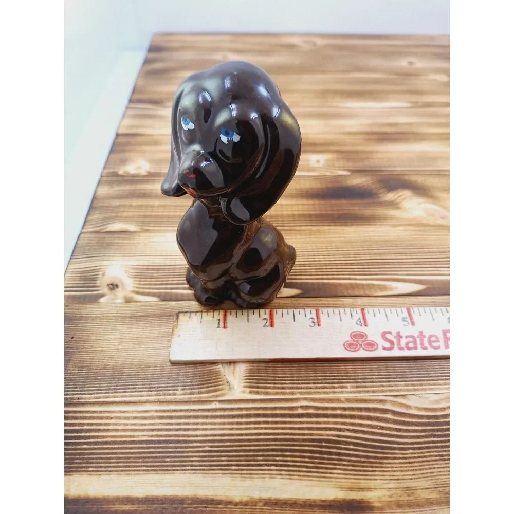 Vintage Dog Figurine Brown Glazed With Big Eyes 5